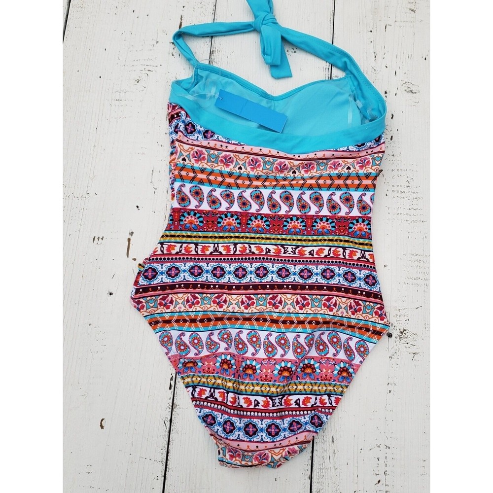 Into The Bleu by Amerex Multicolor One-Piece Halter Swimsuit Women's Size 8 NEW - Picture 3 of 5